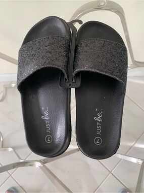 just be Black Glitter Slide Sandals for Women size 7